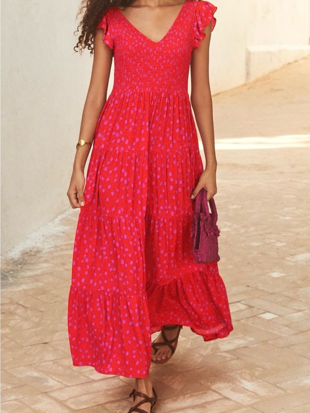#56 Pretty Garden Red V-Neck Ruffle Cap-Sleeve Maxi Dress